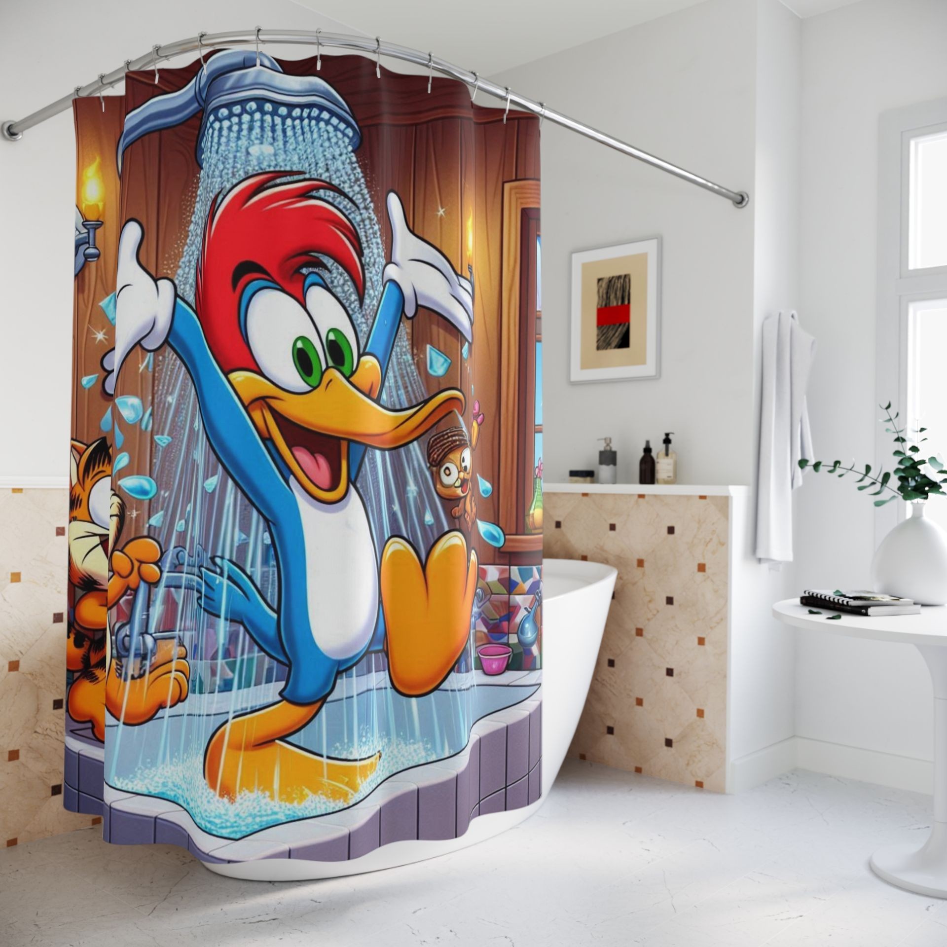 Bathroom with a lively cartoon shower curtain featuring a cheerful bird character under a shower with other animals.