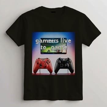 Black T-shirt with 'gamers live to game' text and red and black controllers image.